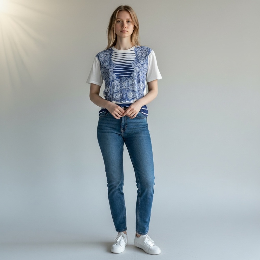 Le Lis Blanc Women’s Top Blouse
White with blue print